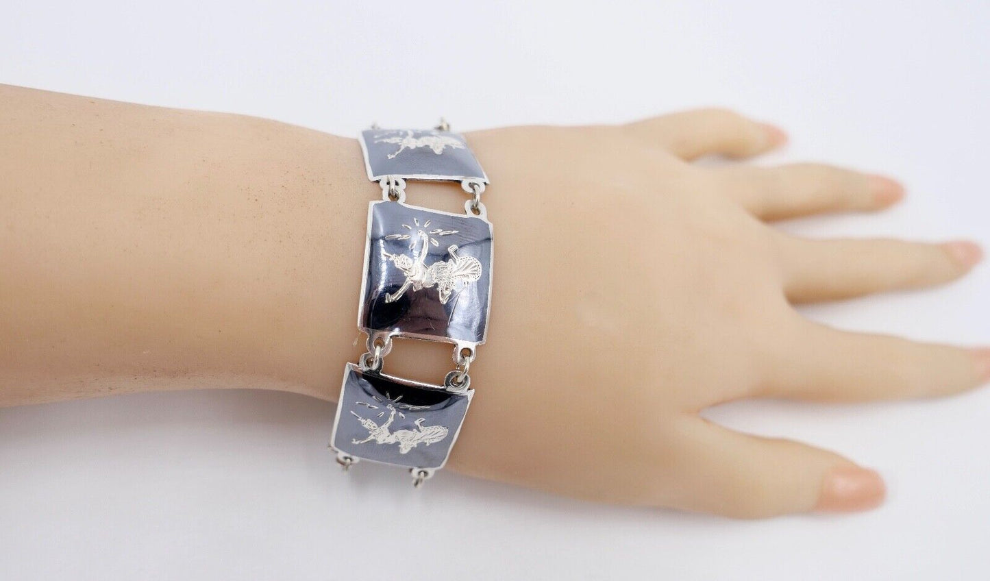 Siam Sterling Silber Glieder Armband Emaille Motiv Göttin 19cm - Antikhandel-Stuttgart