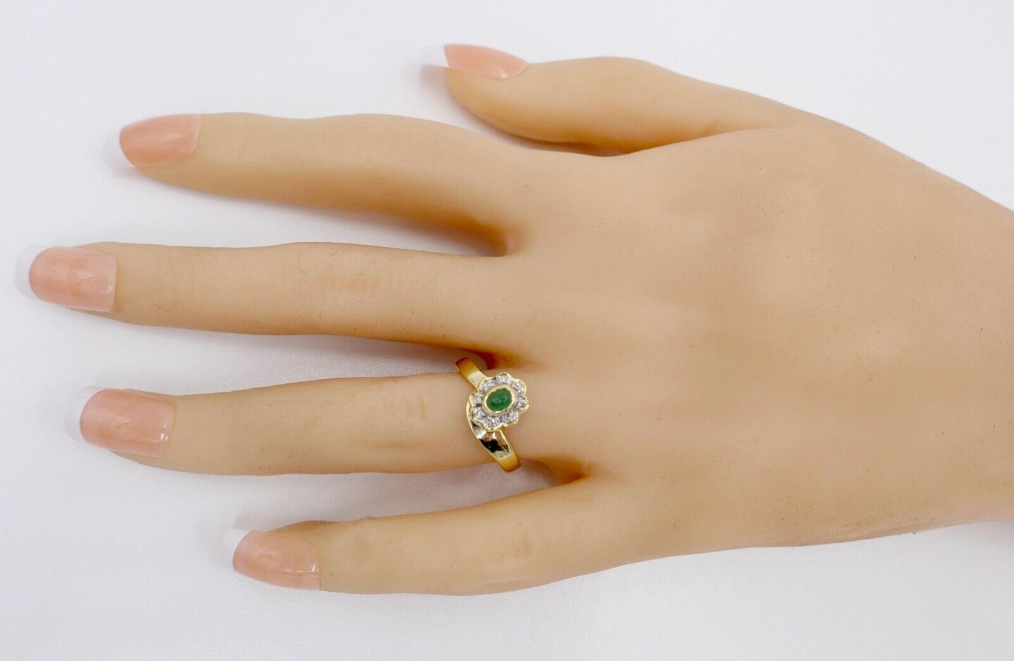 80er Jahre Gelbgold Damen Ring 585 14K Gr.54 Smaragd Cabochon & Diamant - Antikhandel-Stuttgart