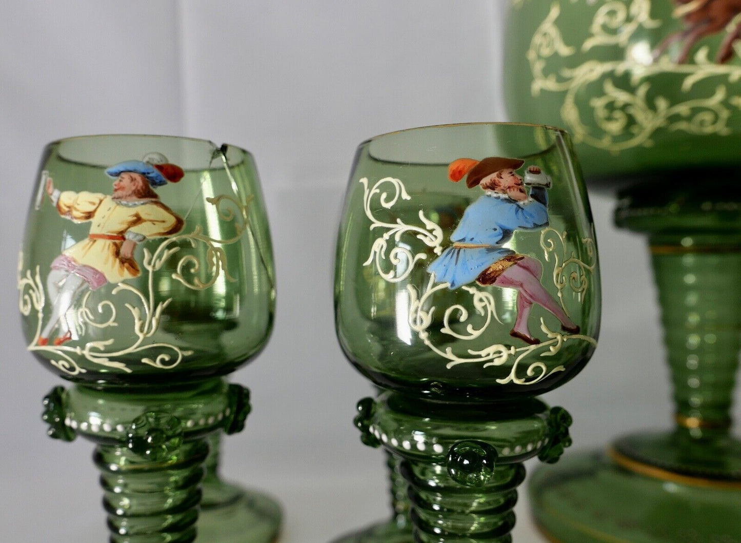 Antike Weinrömer Gläser Pokal XXL Bowle Set grün Emaille RAR Goldrand 53cm 1900 - Antikhandel-Stuttgart