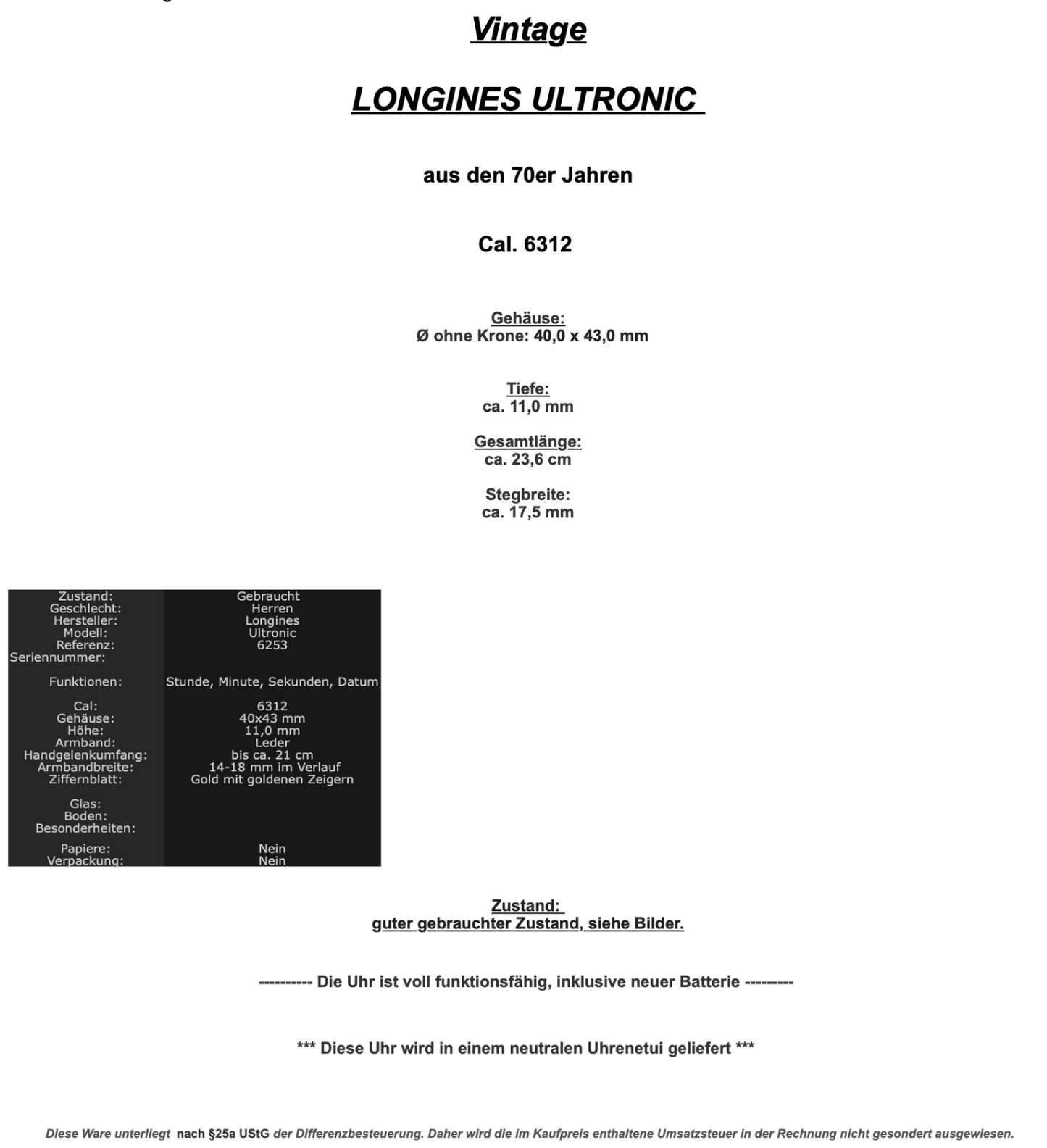 Vintage 70er LONGINES ULTRONIC 40x43 mm Gold Cal. 6312 Herrenuhr 6253 8494-1 - Antikhandel-Stuttgart