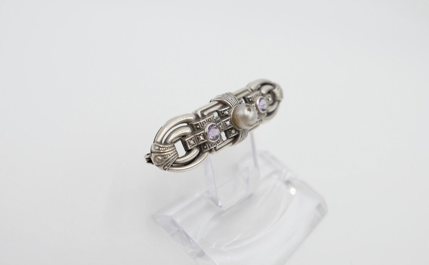 20er 30er Jahre Art Deco Silber 835 Brosche 53 mm mit lila Amethyst und Perle - Antikhandel-Stuttgart