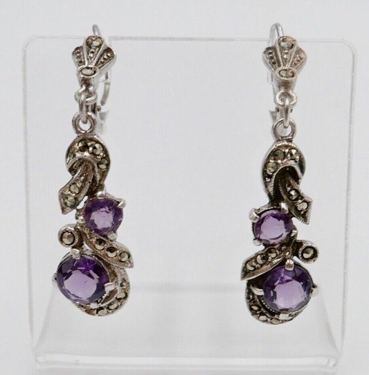 50er Jahre Ohrringe Ohrhänger 935 Silber mit Markasiten und lila Glassteinen - Antikhandel-Stuttgart