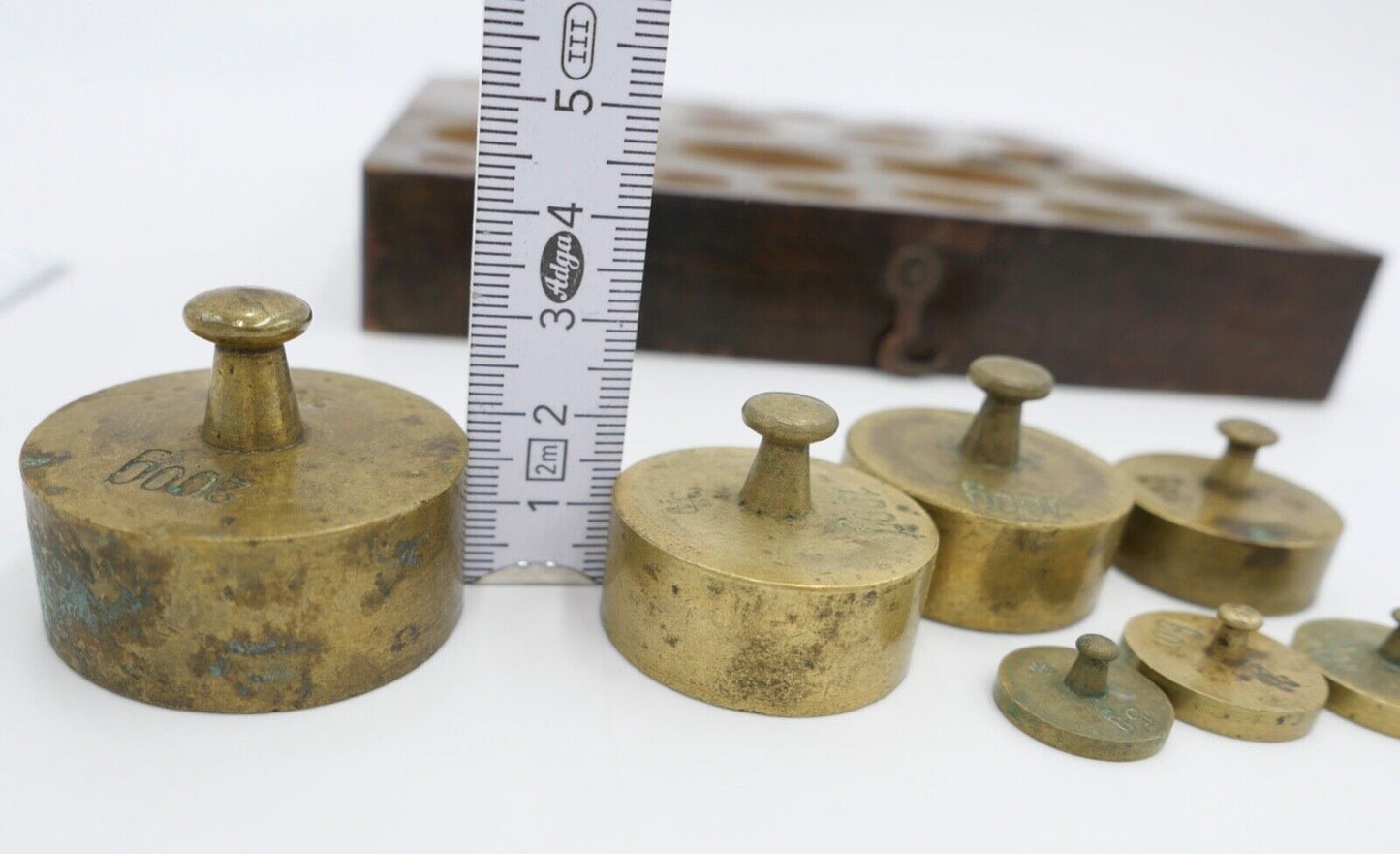 alt alter Messing Gewichtssatz Holzkasten Apothekergewichte Eichstempel 5-200 g - Antikhandel-Stuttgart