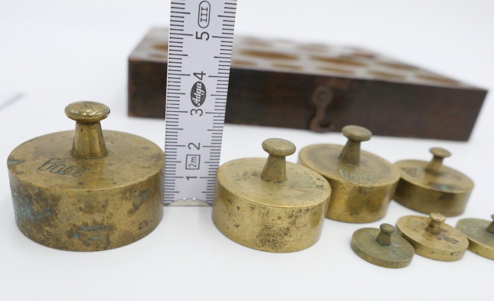 alt alter Messing Gewichtssatz Holzkasten Apothekergewichte Eichstempel 5-200 g - Antikhandel-Stuttgart
