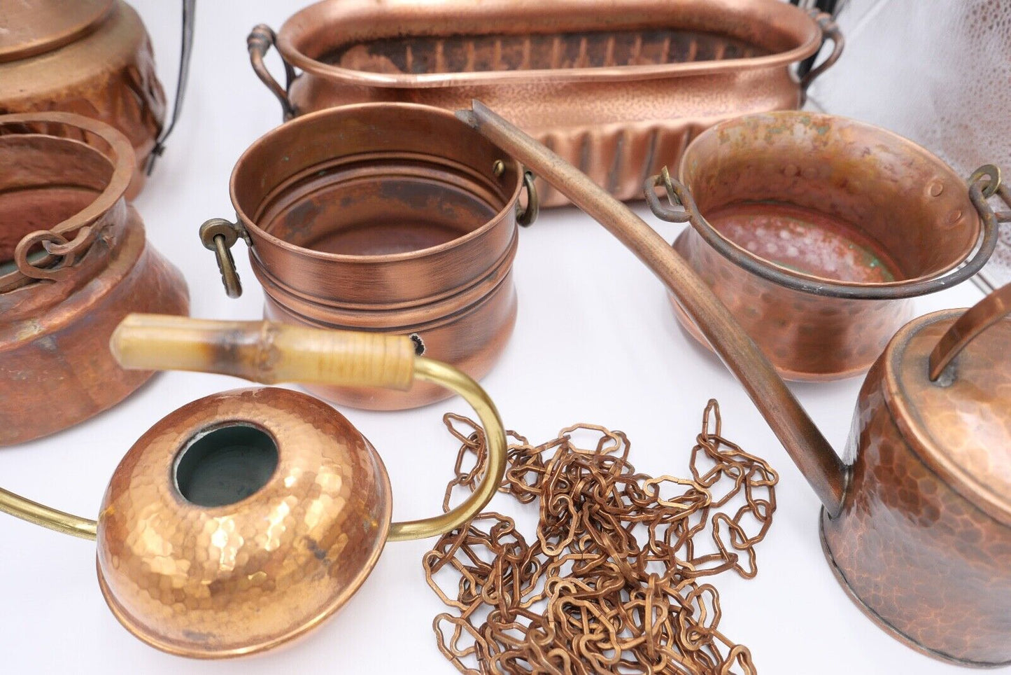 Posten 9 Teile Kupfer Kanne Kübel Gießkanne für Blumen etc. Dekoration - Antikhandel-Stuttgart