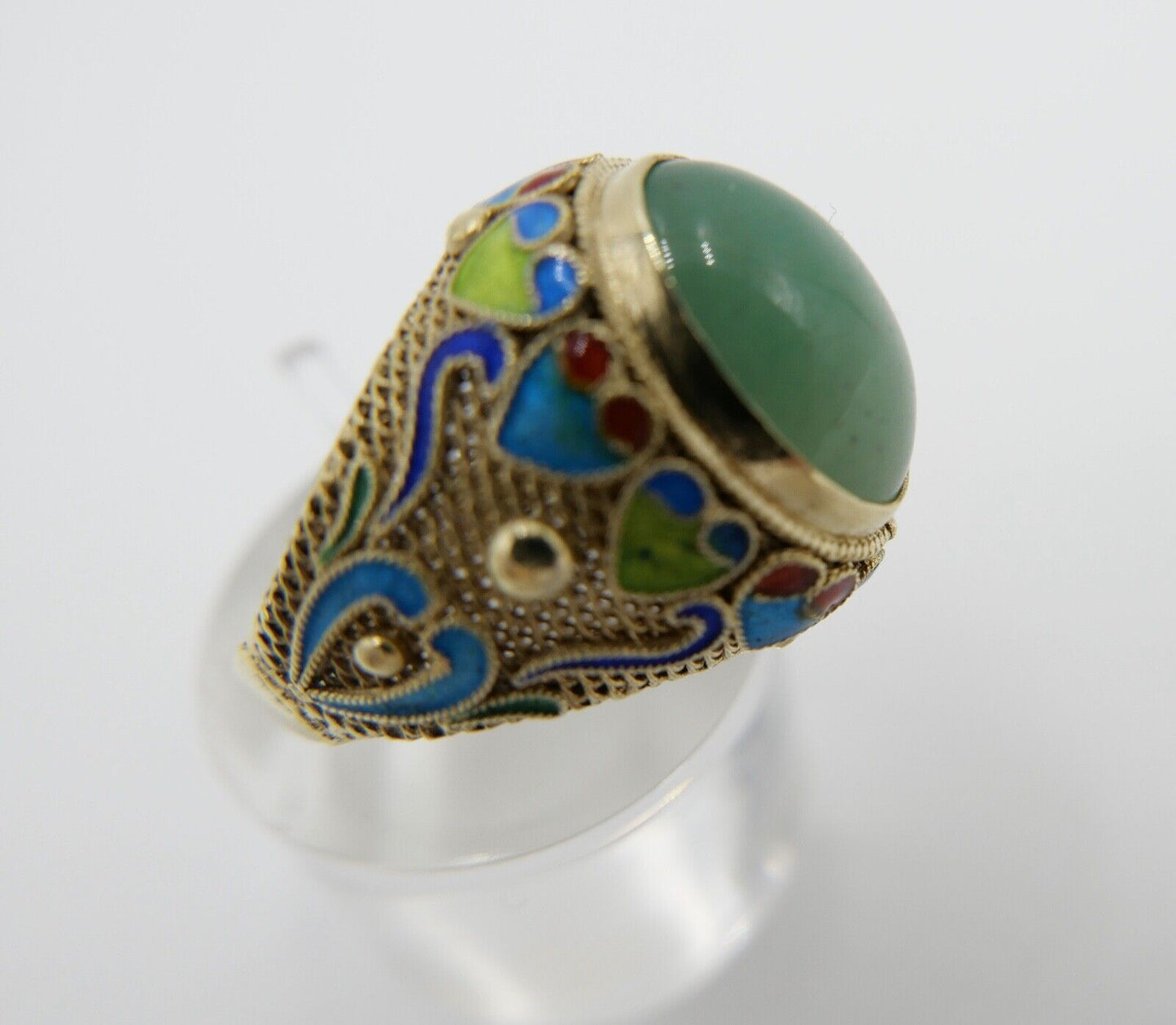 Alter Silber Ring China Silver Emaille & Jade Cabochon Email Gr. 51 vergoldet - Antikhandel-Stuttgart
