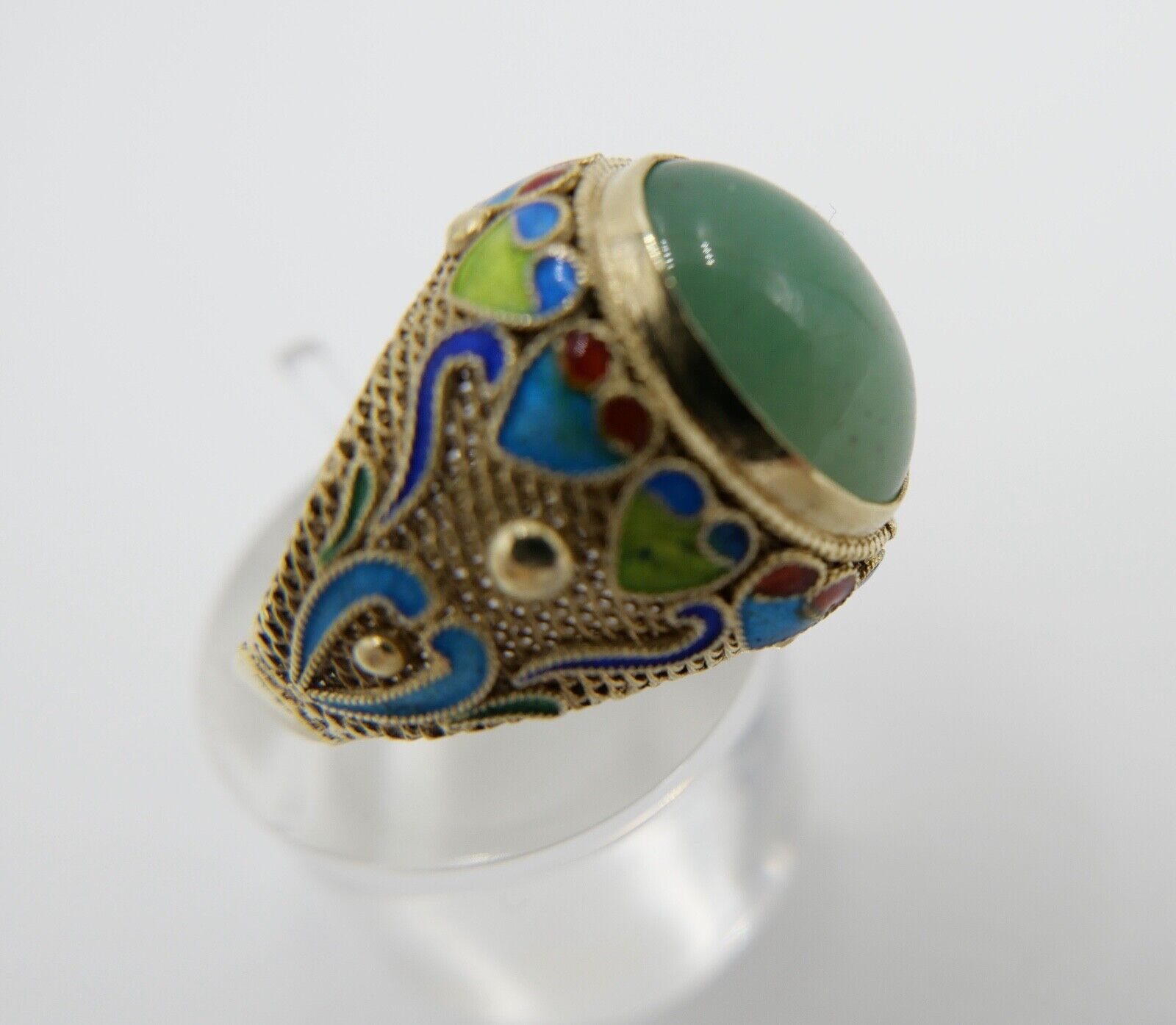 Alter Silber Ring China Silver Emaille & Jade Cabochon Email Gr. 51 vergoldet - Antikhandel-Stuttgart