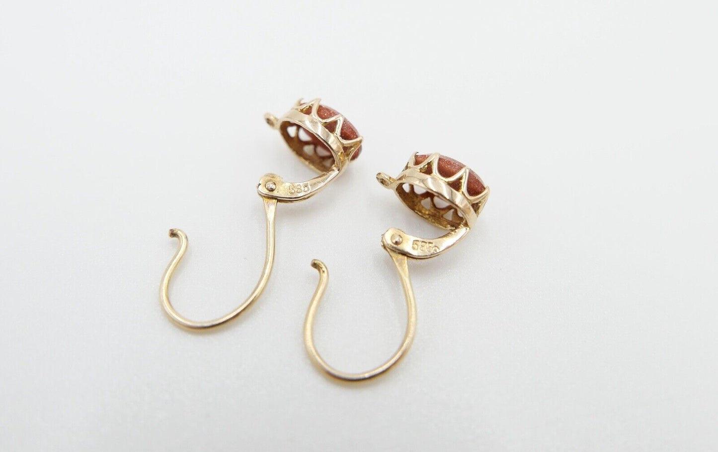 80er Jahre Ohrringe Ohrhänger GOLD 585 / 14K mit Goldfluss / Sonnenstein - Antikhandel-Stuttgart
