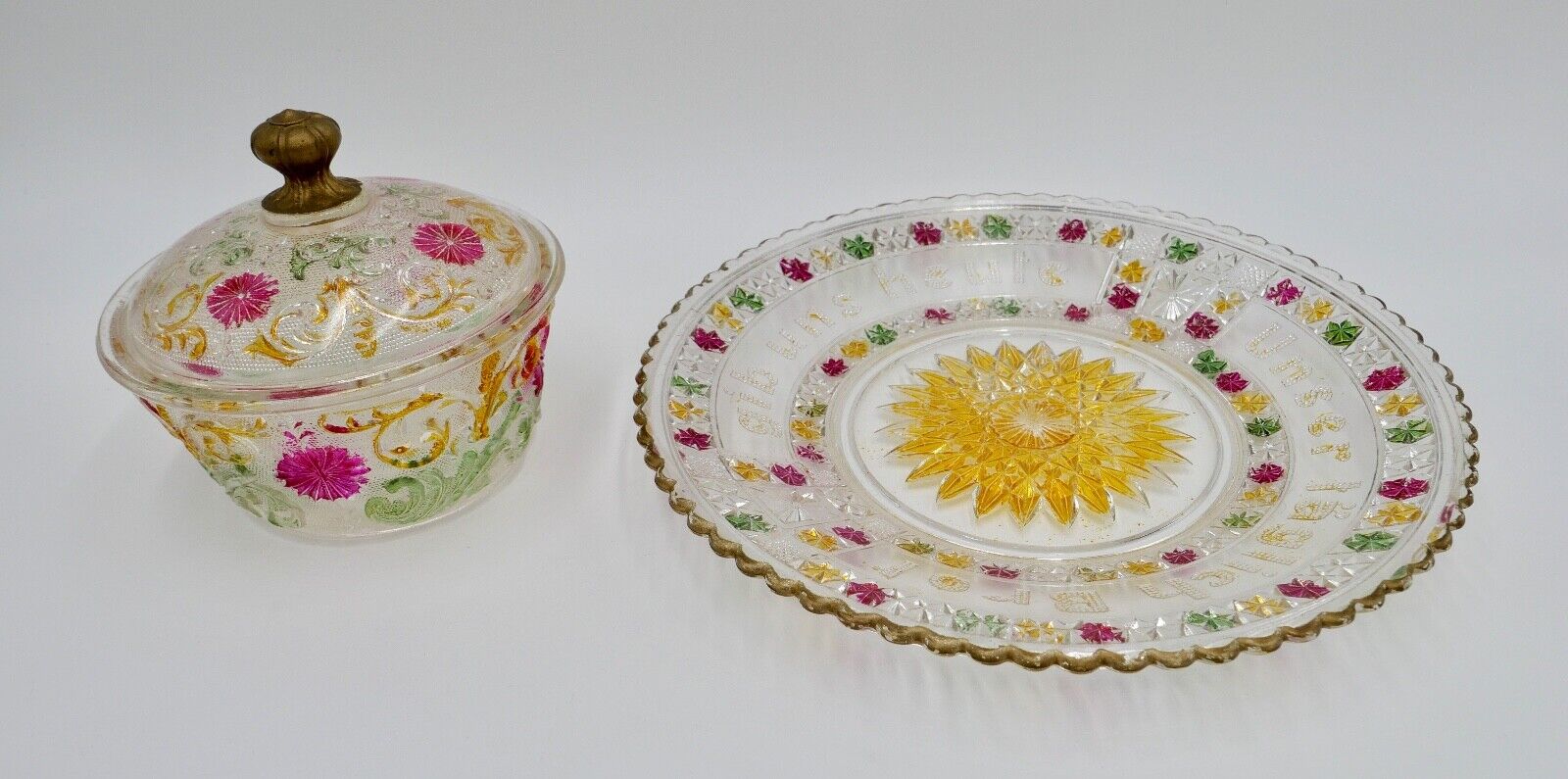 Zur Hochzeit um 1900 Glas Schale Bonbonniere "Unser täglich Brot gib uns heute" - Antikhandel-Stuttgart