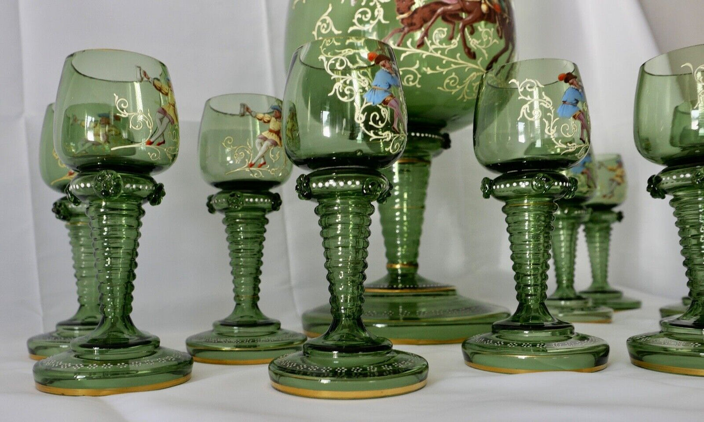 Antike Weinrömer Gläser Pokal XXL Bowle Set grün Emaille RAR Goldrand 53cm 1900 - Antikhandel-Stuttgart