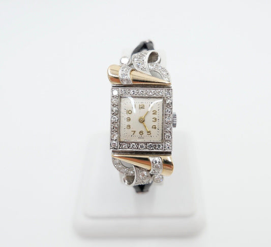 ART DECO DAMEN ARMBANDUHR 750 / 18K WEIß GELB GOLD 48x Diamant Brillant 2,16 CT - Antikhandel-Stuttgart