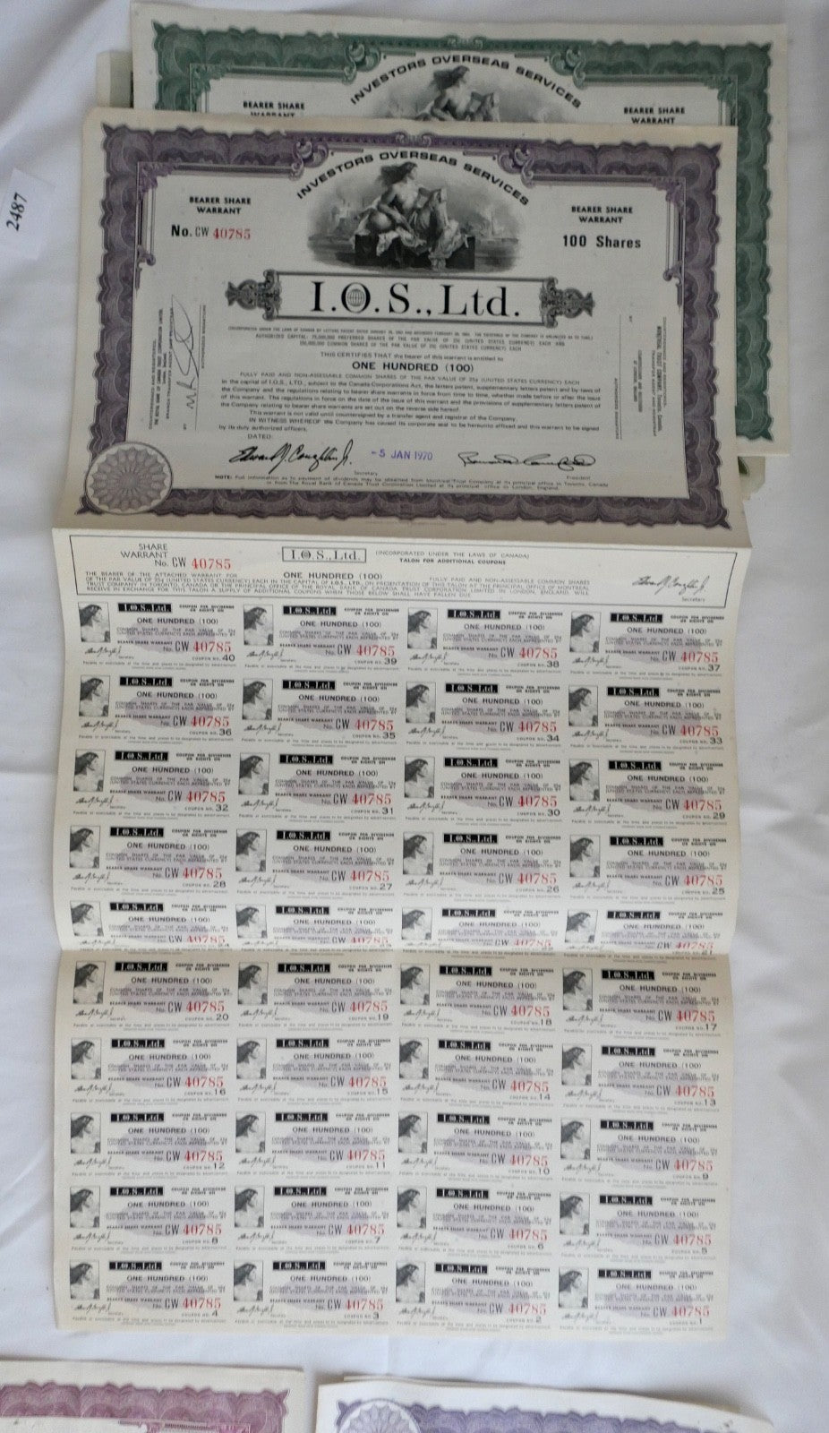 6x Aktien I.O.S. Ltd. Overseas & Tobacco Products Corporation Stock Wertpapier