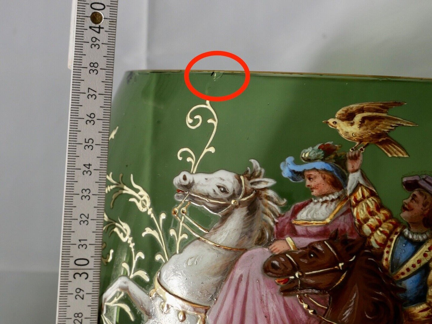 Antike Weinrömer Gläser Pokal XXL Bowle Set grün Emaille RAR Goldrand 53cm 1900 - Antikhandel-Stuttgart