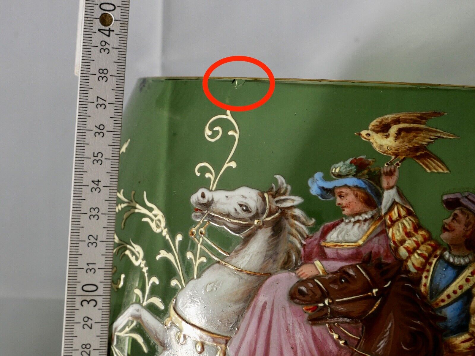 Antike Weinrömer Gläser Pokal XXL Bowle Set grün Emaille RAR Goldrand 53cm 1900 - Antikhandel-Stuttgart