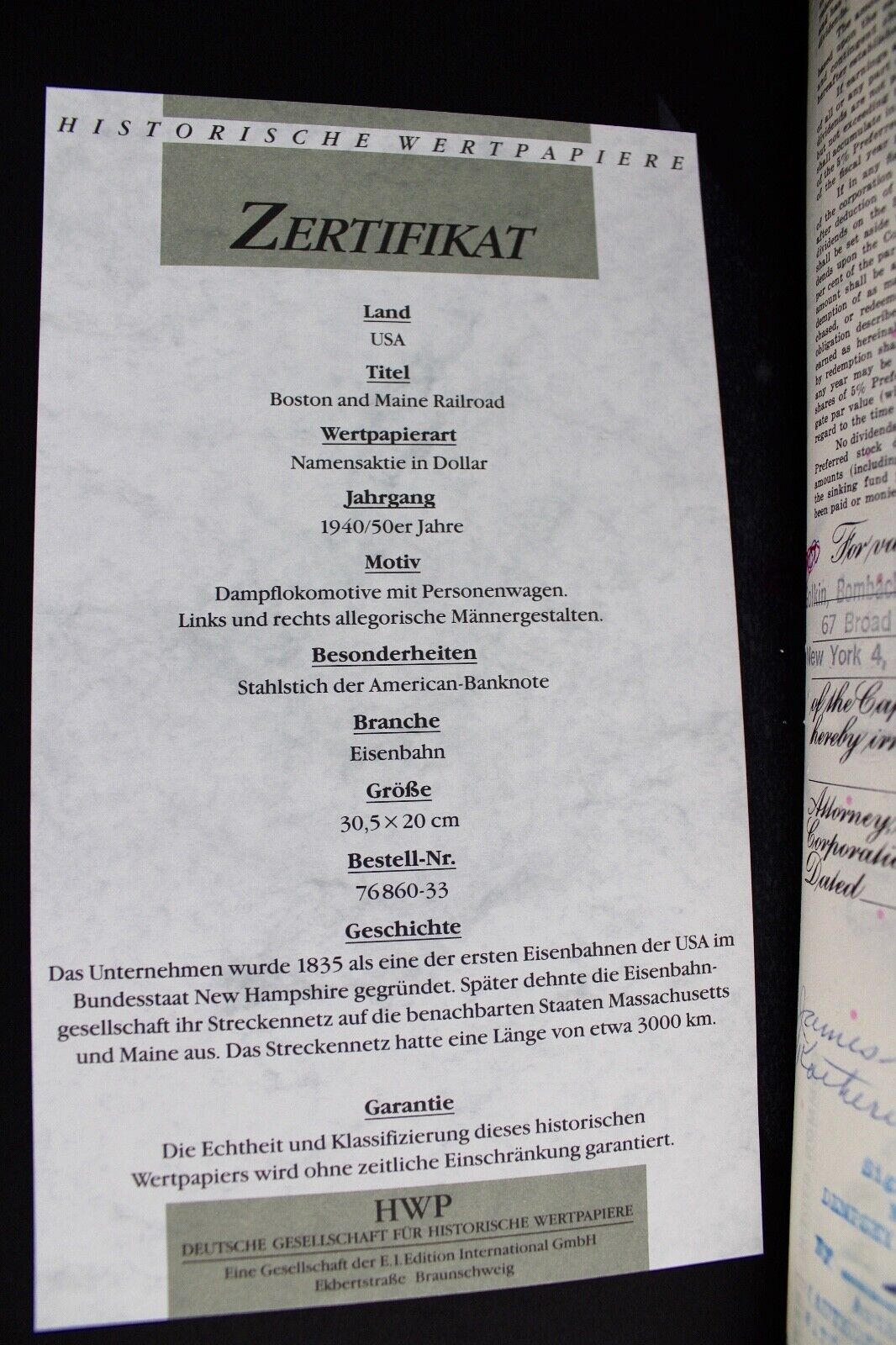Boston and Maien Railroad 1963 alte USA Aktie Stock Certificate 100 Shares - Antikhandel-Stuttgart