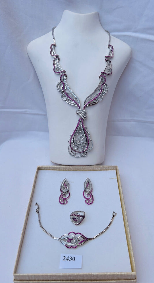 LUXURIÖSES 925 Silber Zirkonia Rubin Schmuck Set "Armband Ring Ohrringe Collier“ - Antikhandel-Stuttgart