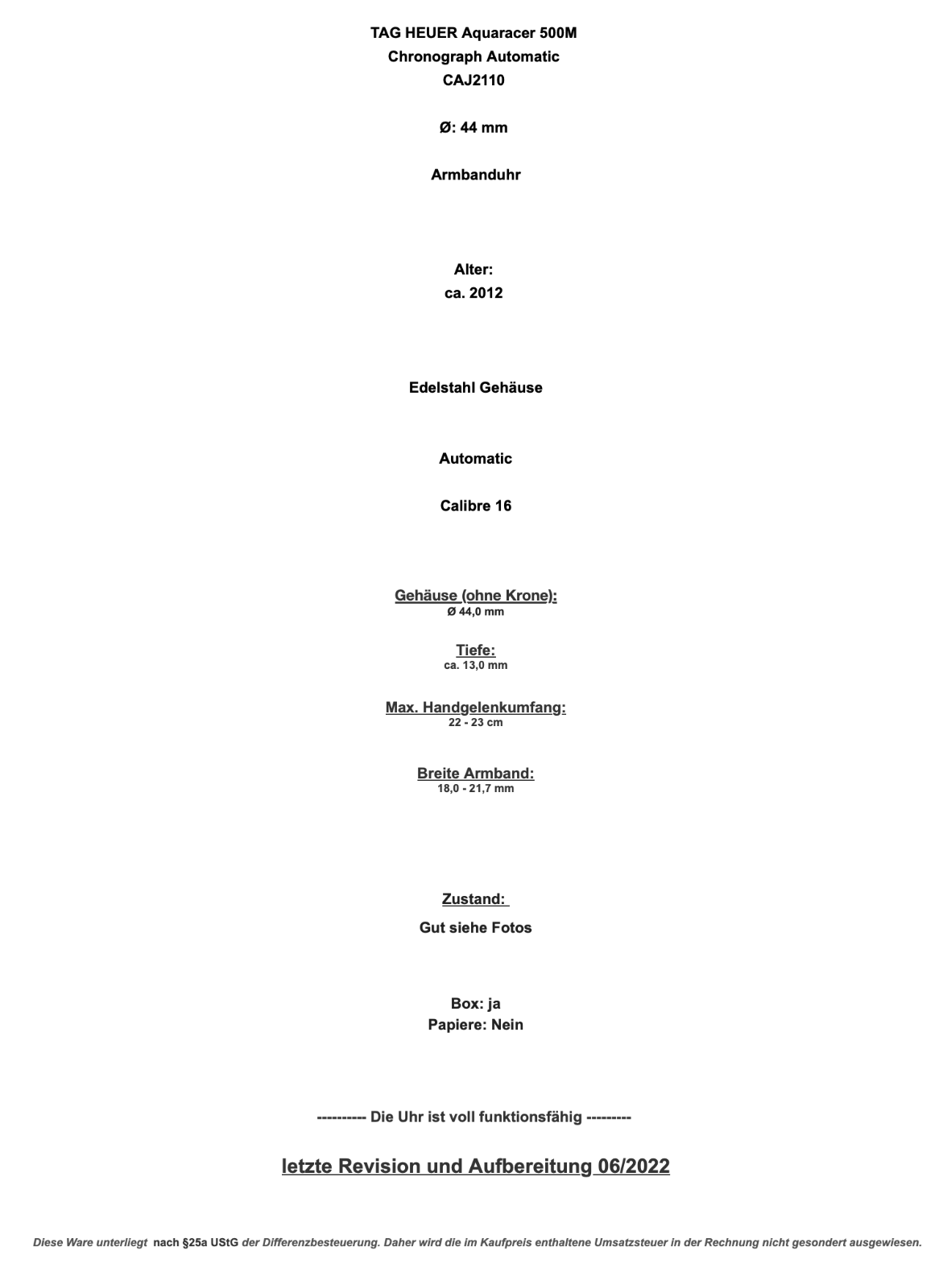 TAG HEUER Aquaracer 500M Chronograph Automatic CAJ2110 Calibre 16 - Antikhandel-Stuttgart