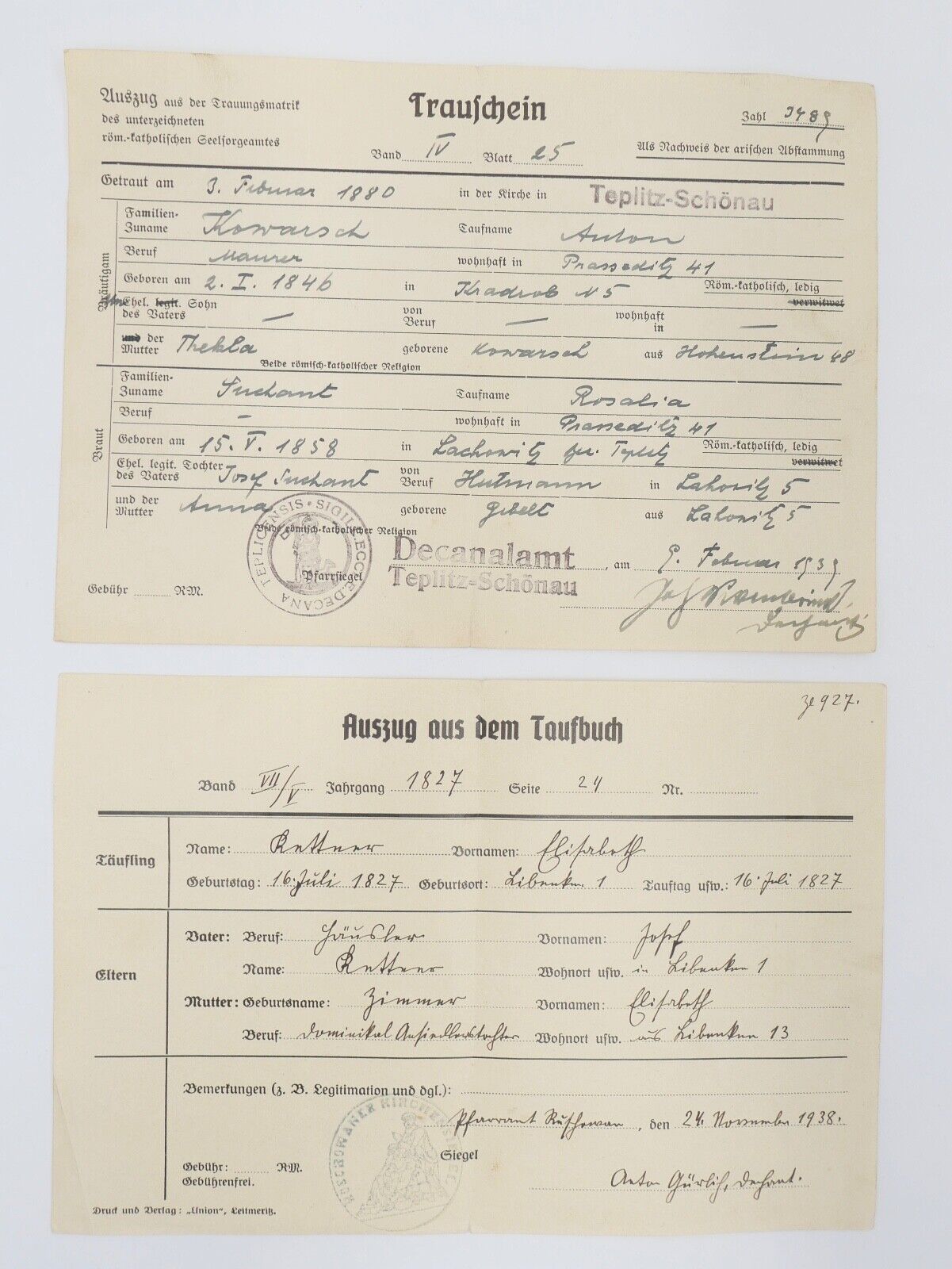 Trauschein Taufbuch Geburts- Taufschein Umsiedler Bescheinigung 1938 1939 1945 - Antikhandel-Stuttgart