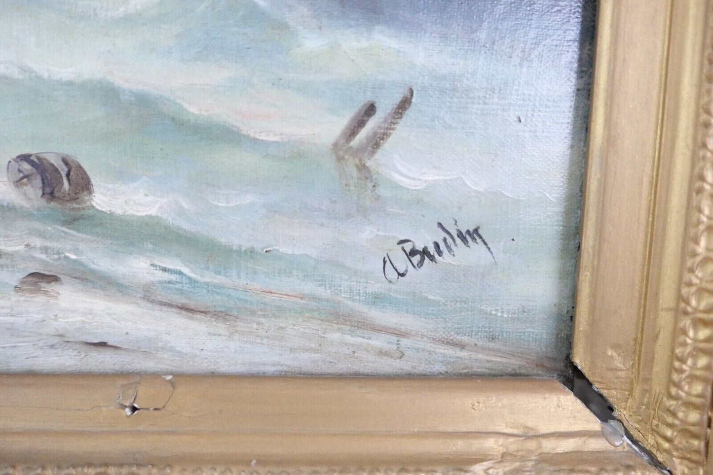 85,5 x 63 cm Gemälde Meer Schiffe Öl auf Leinwand Goldrahmen Prunkrahmen - Antikhandel-Stuttgart