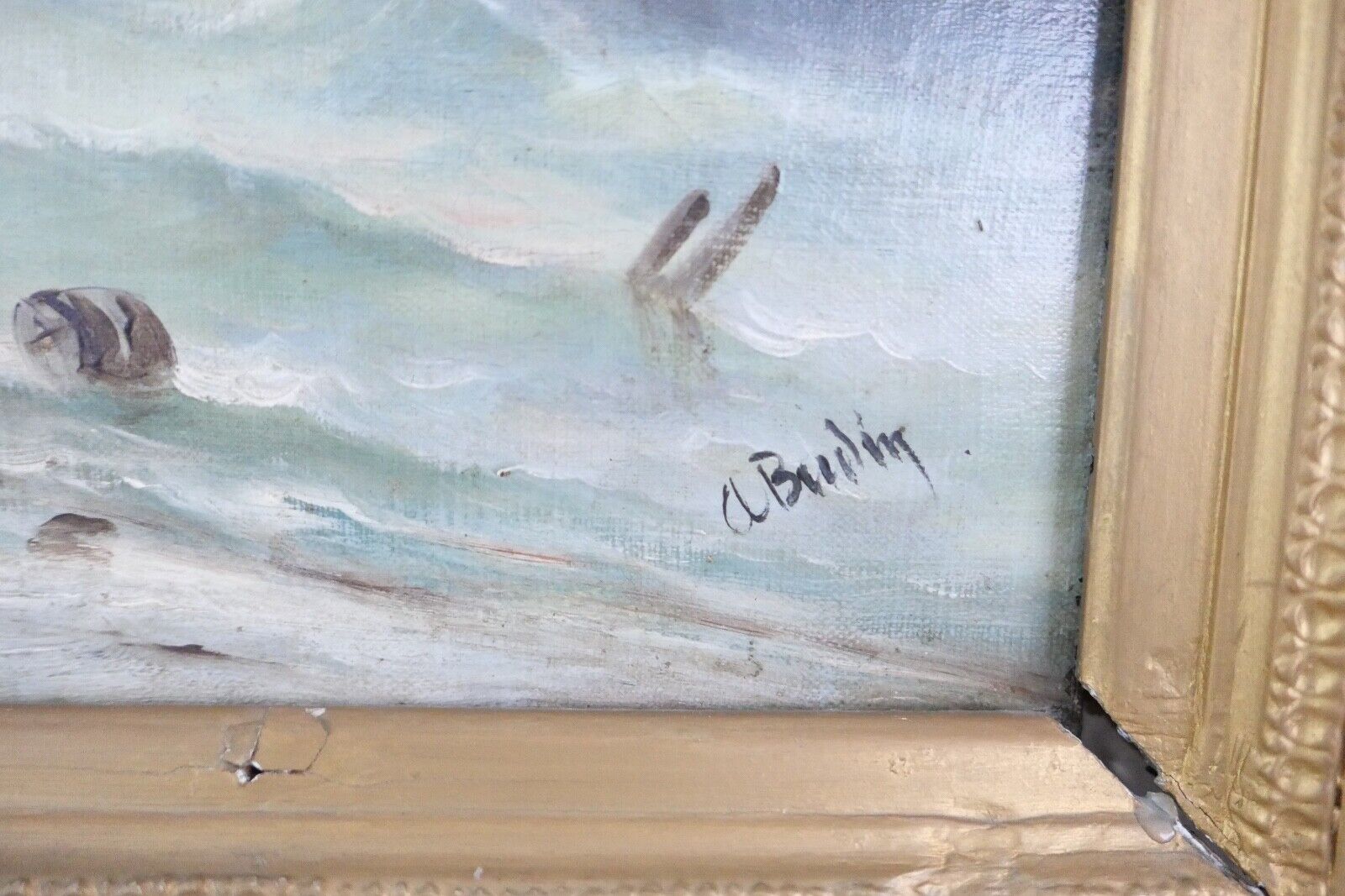 85,5 x 63 cm Gemälde Meer Schiffe Öl auf Leinwand Goldrahmen Prunkrahmen - Antikhandel-Stuttgart