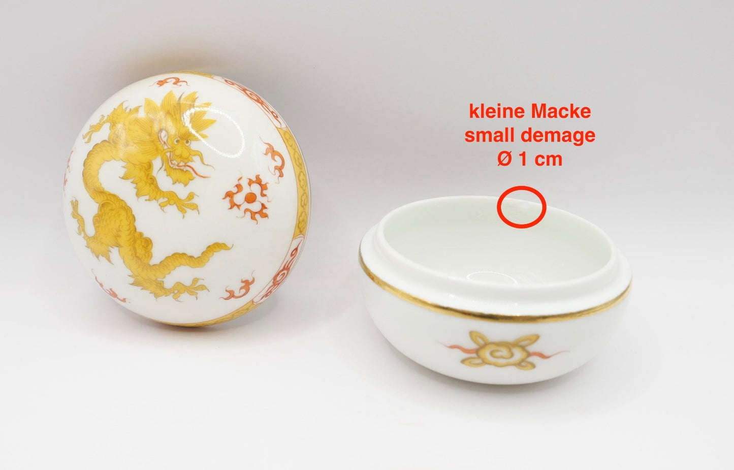 Meissen Deckeldose Zuckerdose reicher gelber Drache Goldrand