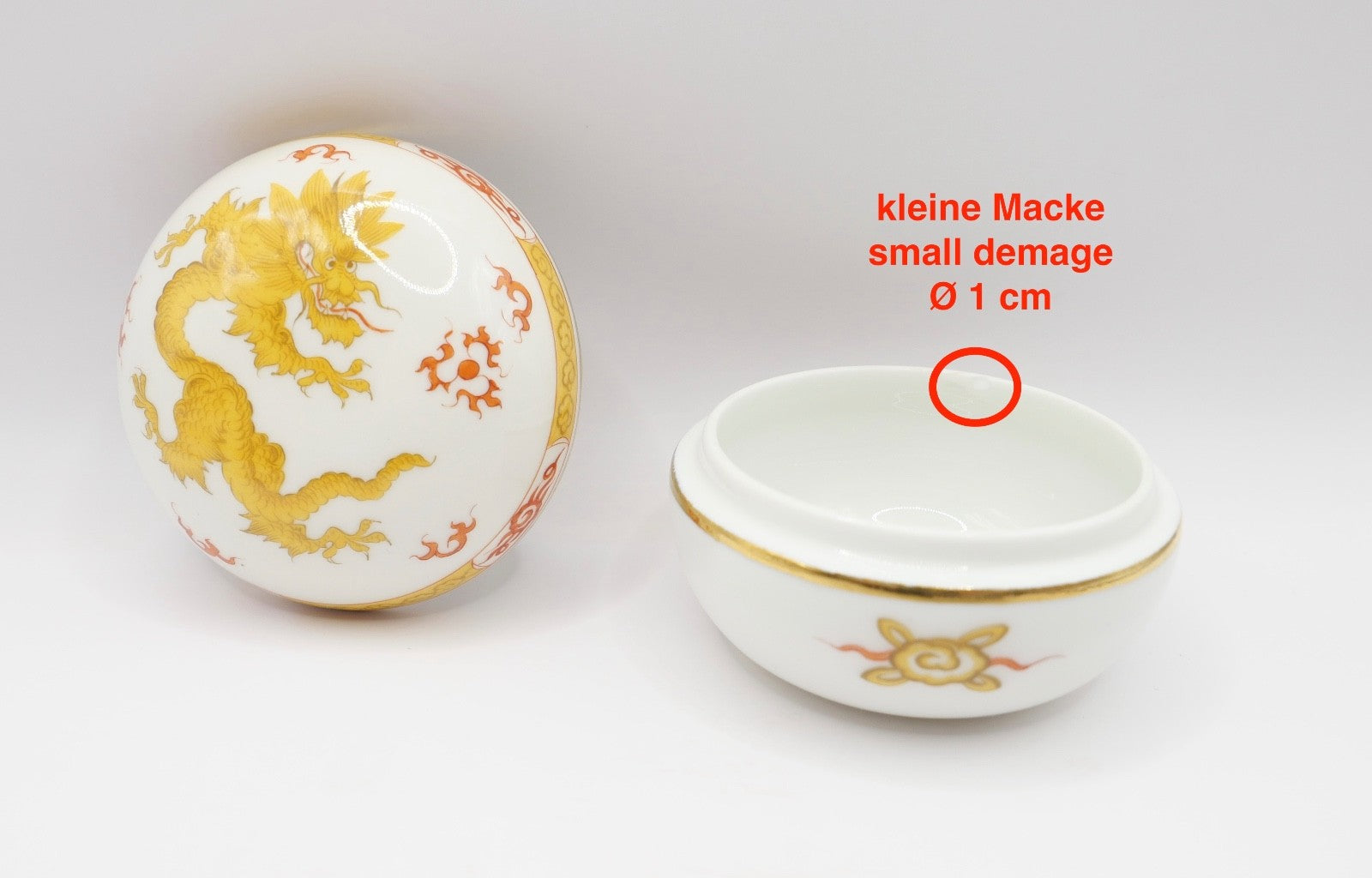 Meissen Deckeldose Zuckerdose reicher gelber Drache Goldrand