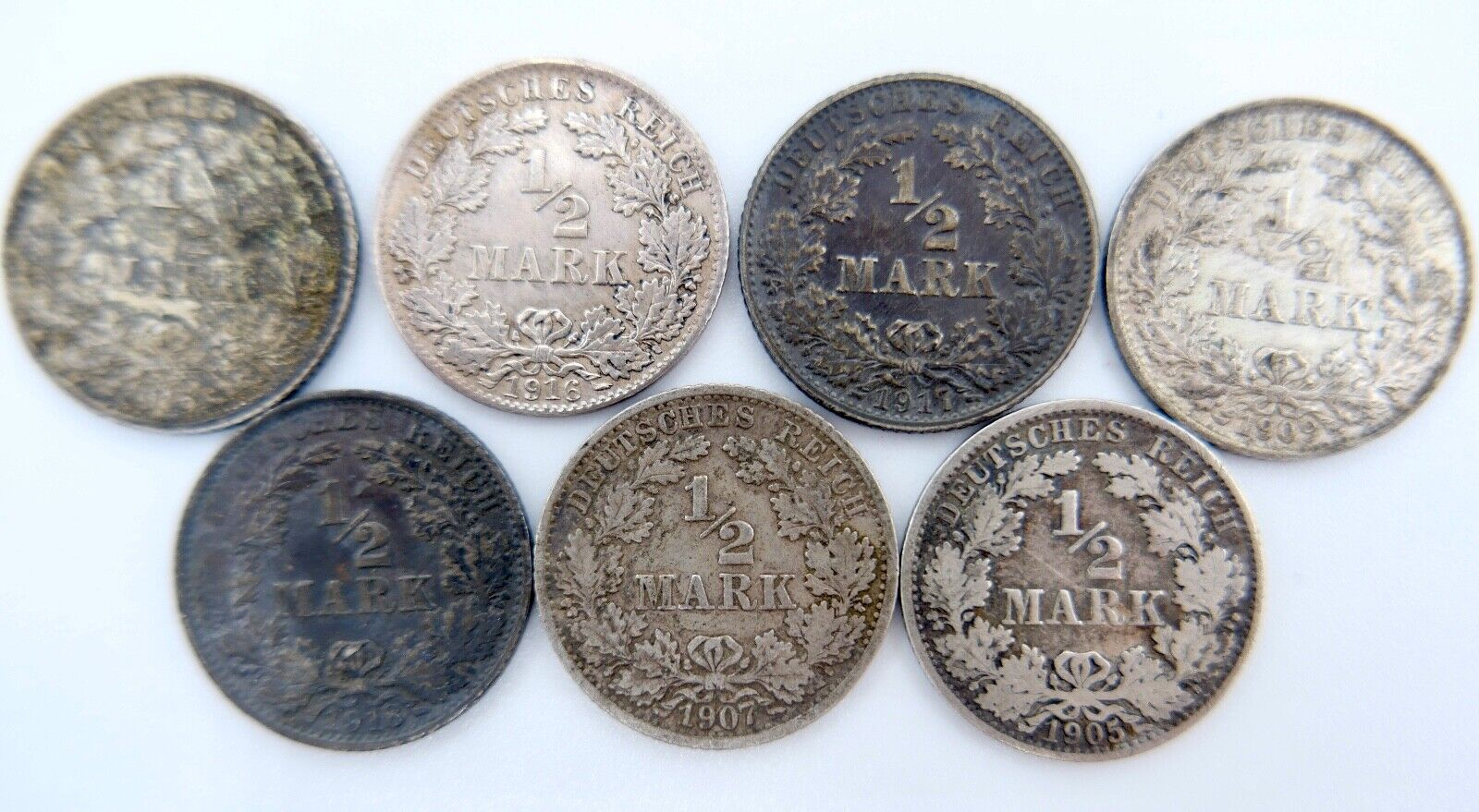 7x 1/2 Mark 1905 1907 1909 1915 1916 1917 1918 F D G A Silbermünze Jäger J.16 - Antikhandel-Stuttgart