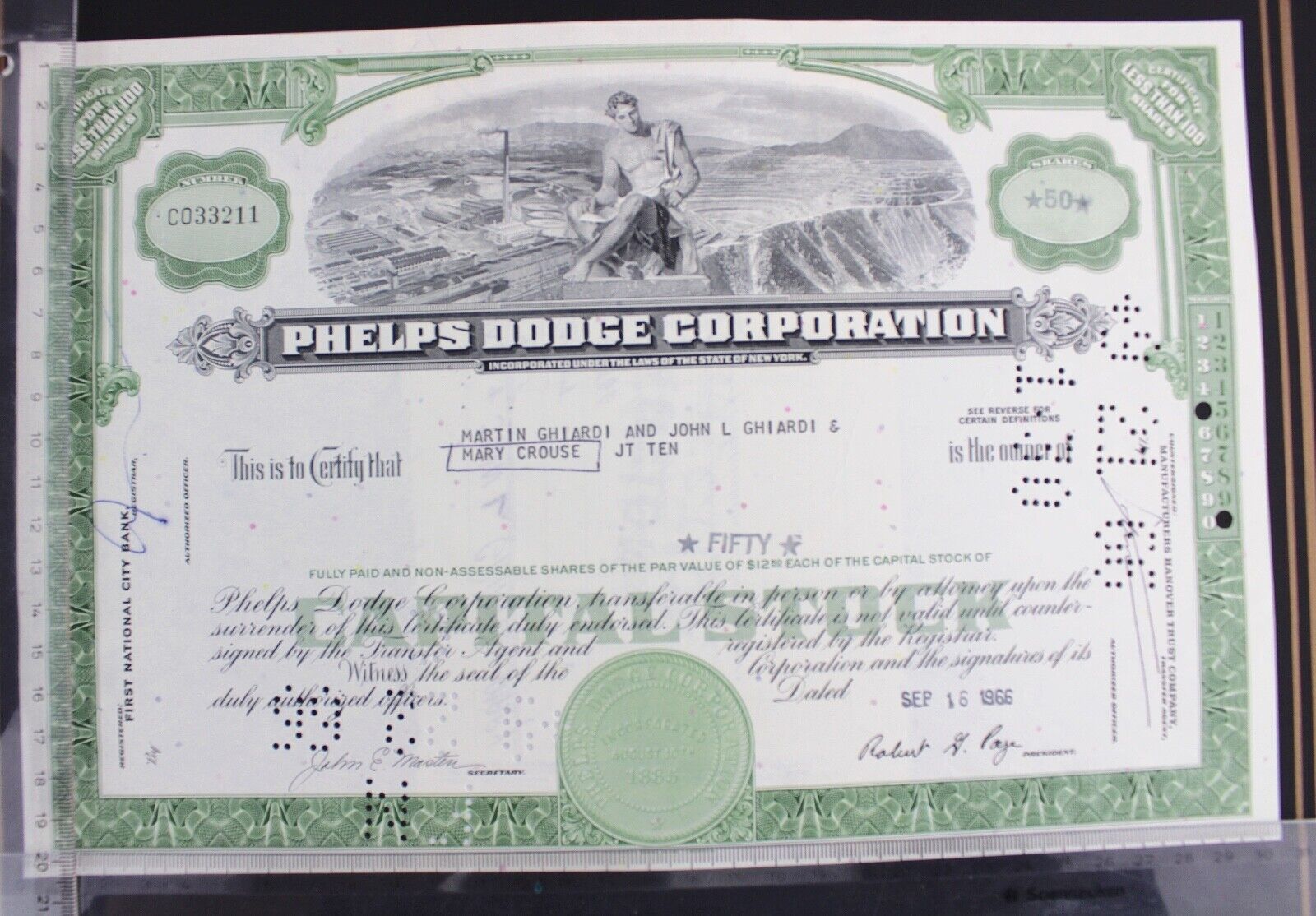 Phelps Dodge Corporation 1966 alte USA Aktie Stock Certificate 50 Shares - Antikhandel-Stuttgart