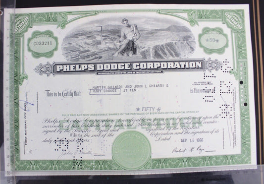 Phelps Dodge Corporation 1966 alte USA Aktie Stock Certificate 50 Shares - Antikhandel-Stuttgart