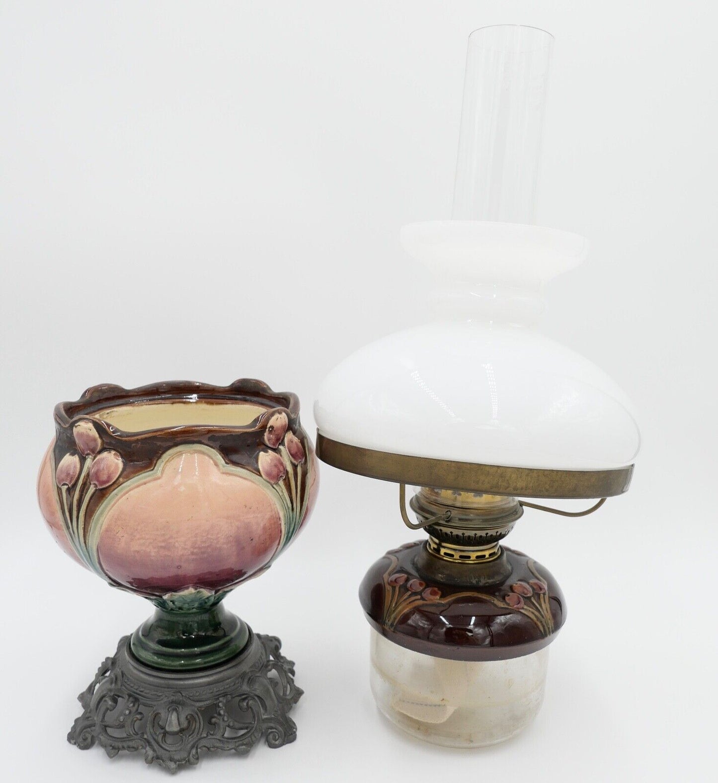 Alte Jugendstil Petroleumlampe um 1910 KARL KNEUSEL Zeulenroda Bronze Majolika - Antikhandel-Stuttgart