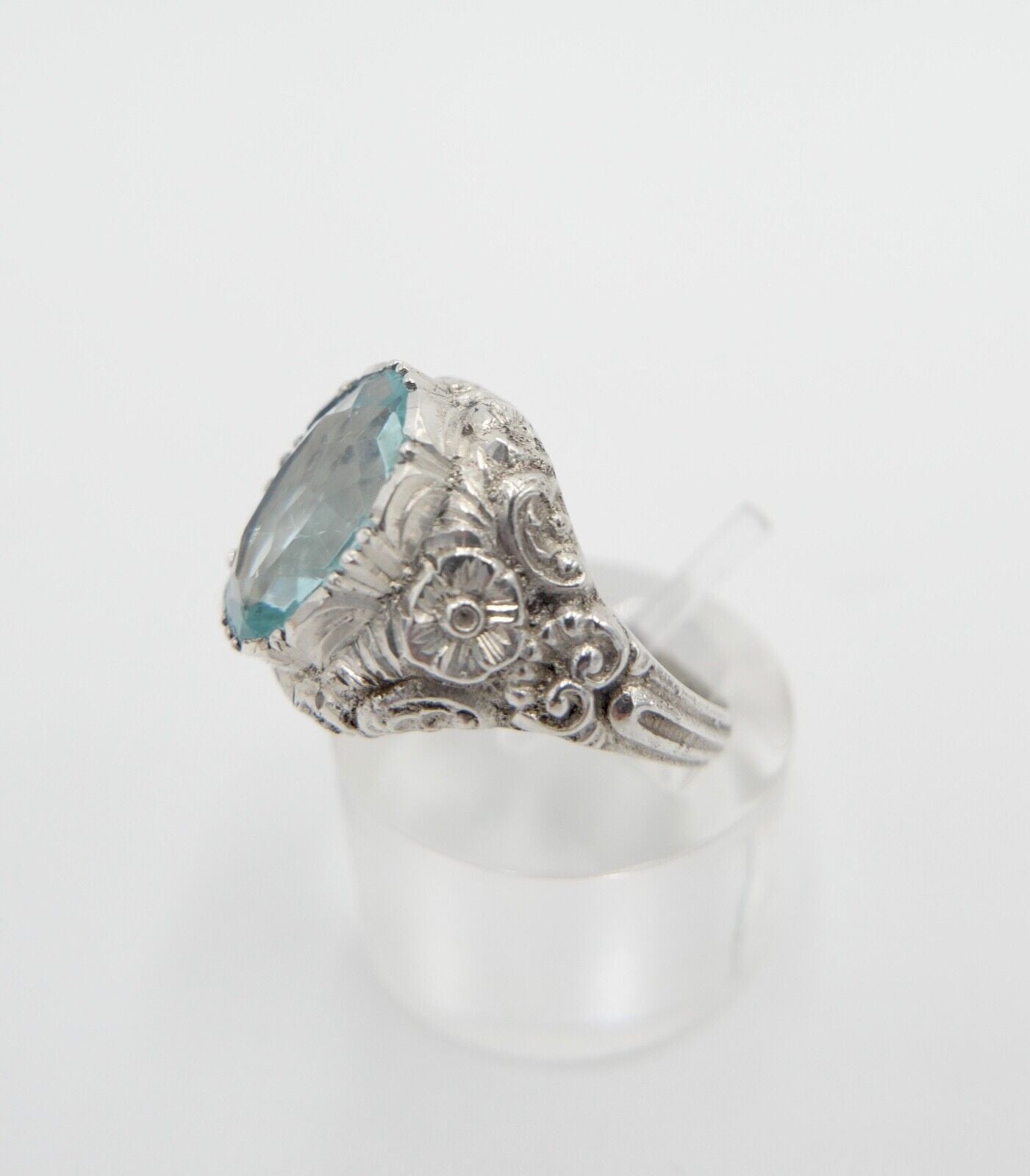 JUGENDSTIL Damenring 835 Silber Gr. 57 floral Glasstein Türkis Blau - Antikhandel-Stuttgart