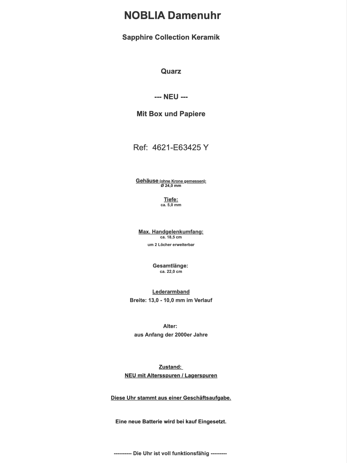 Elegante NOBLIA Damen Uhr Sapphire Collection NEU Box Papiere 4621-E63425Y - Antikhandel-Stuttgart