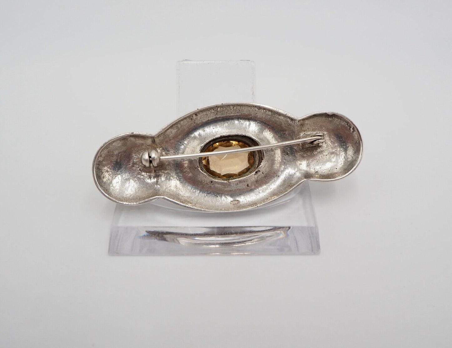 50er Jahre florale Silber 835 große Brosche 66 mm Schmuckstein orange Glasstein - Antikhandel-Stuttgart