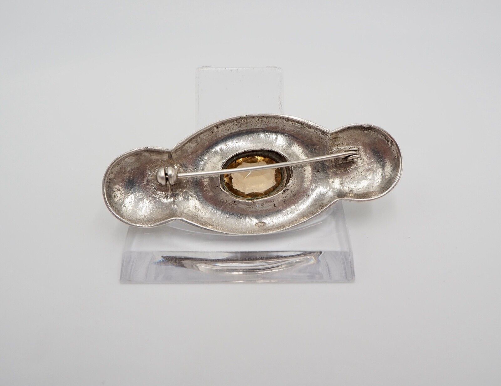 50er Jahre florale Silber 835 große Brosche 66 mm Schmuckstein orange Glasstein - Antikhandel-Stuttgart