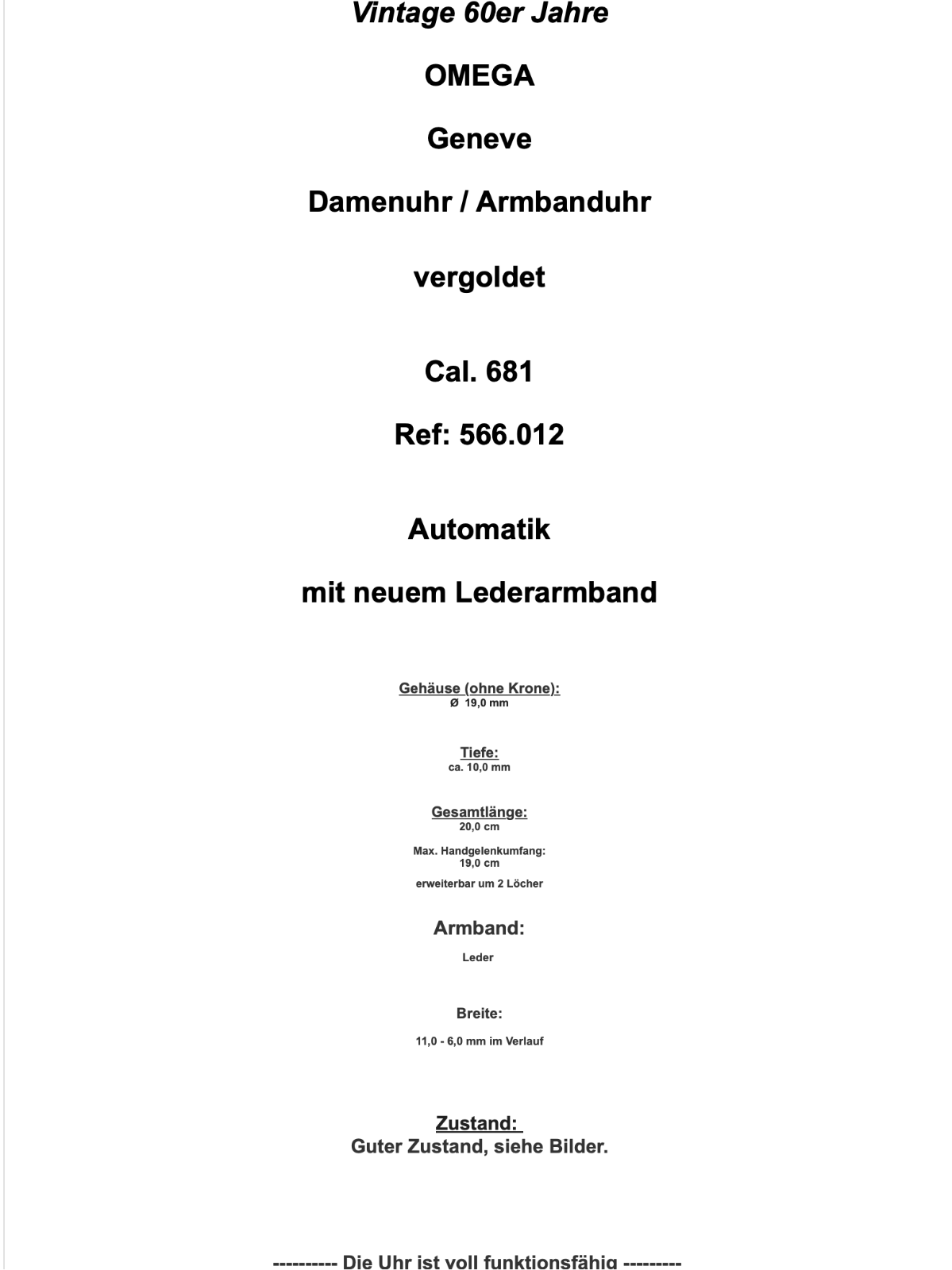 alte 60er Jahre OMEGA Geneve Damenuhr Cal. 681 Ref. 566.012 vergoldet neues Band - Antikhandel-Stuttgart