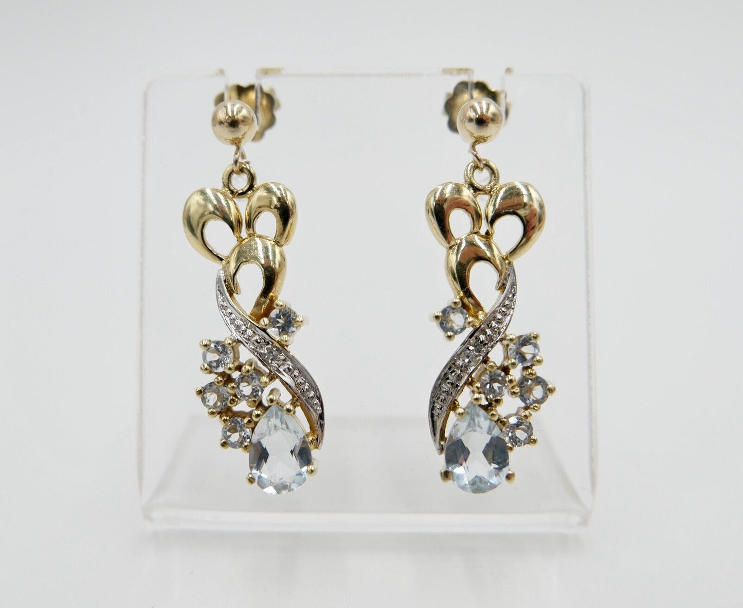 80er Jahre Ohrringe Ohrhänger GOLD 585 / 14K mit Aquamarin und Quarz - Antikhandel-Stuttgart