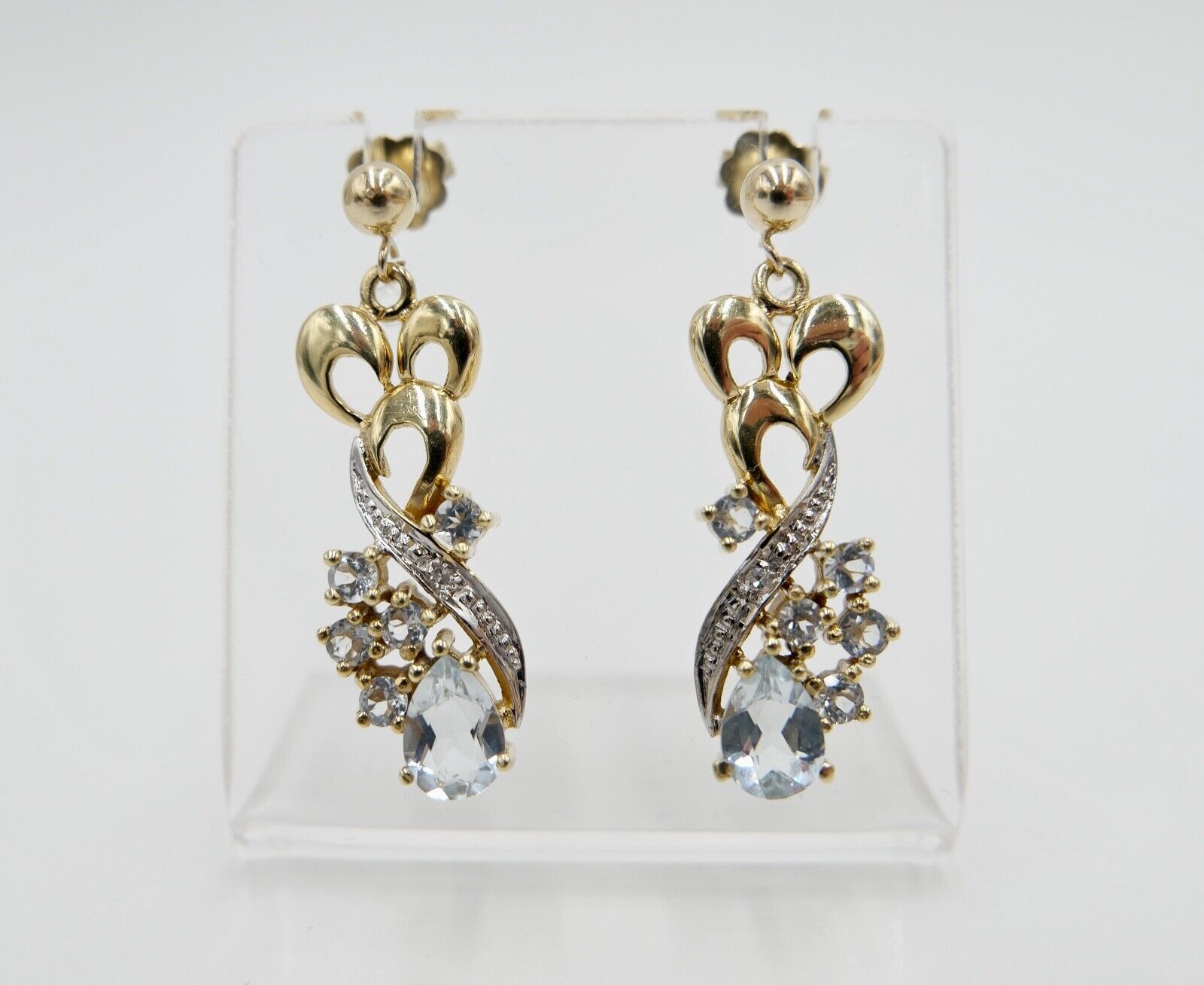 80er Jahre Ohrringe Ohrhänger GOLD 585 / 14K mit Aquamarin und Quarz - Antikhandel-Stuttgart