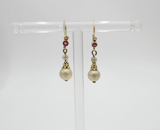 50er Jahre Ohrringe Ohrhänger mit Perlen & Glasstein GOLD 333 / 8K Perle Ø 6,3mm - Antikhandel-Stuttgart