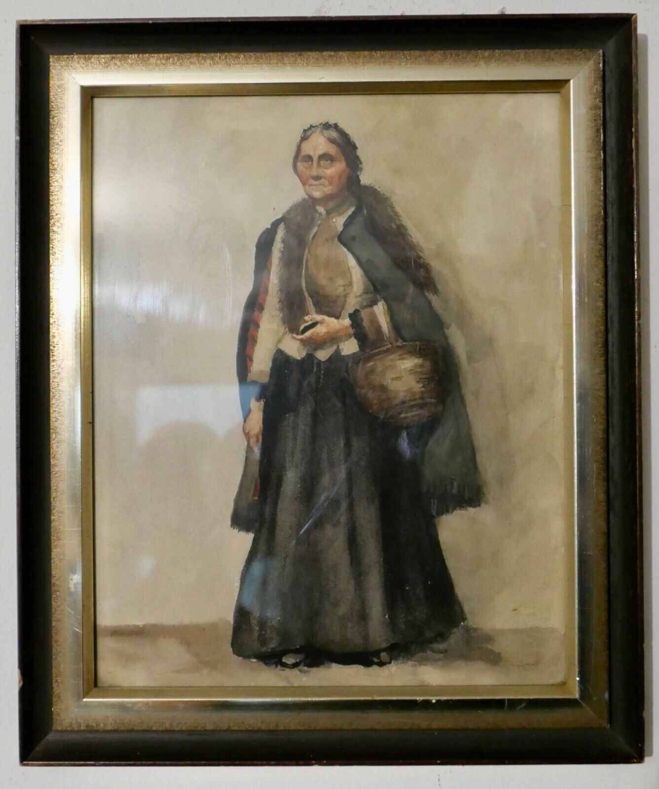 Altes Aquarell Portrait Gemälde Rahmen FRAU MIT KORB 36x30 cm - Antikhandel-Stuttgart