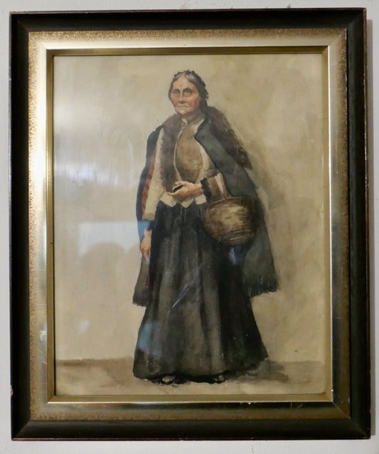 Altes Aquarell Portrait Gemälde Rahmen FRAU MIT KORB 36x30 cm - Antikhandel-Stuttgart