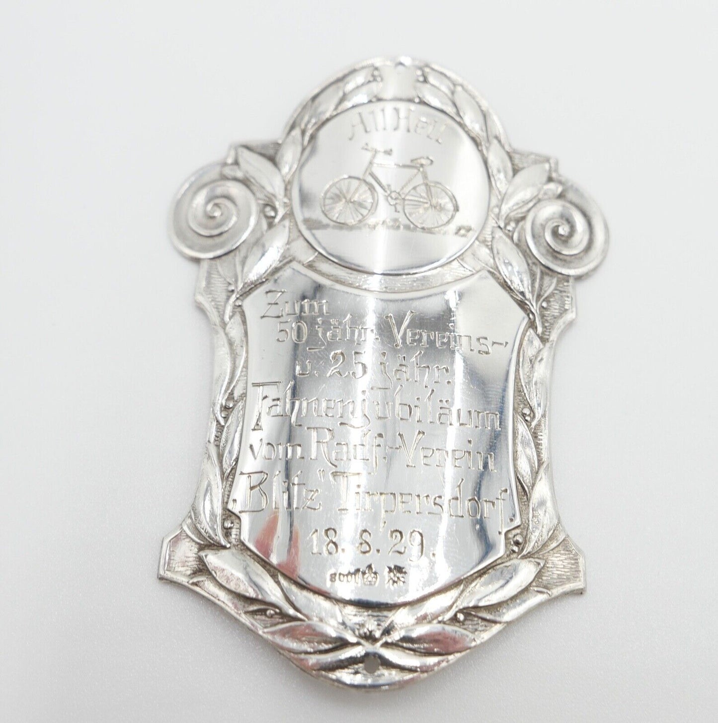 Fahrrad Plakette 1929 Silber 800 Jubiläum BLITZ Tirpersdorf Ralf.-Verein - Antikhandel-Stuttgart