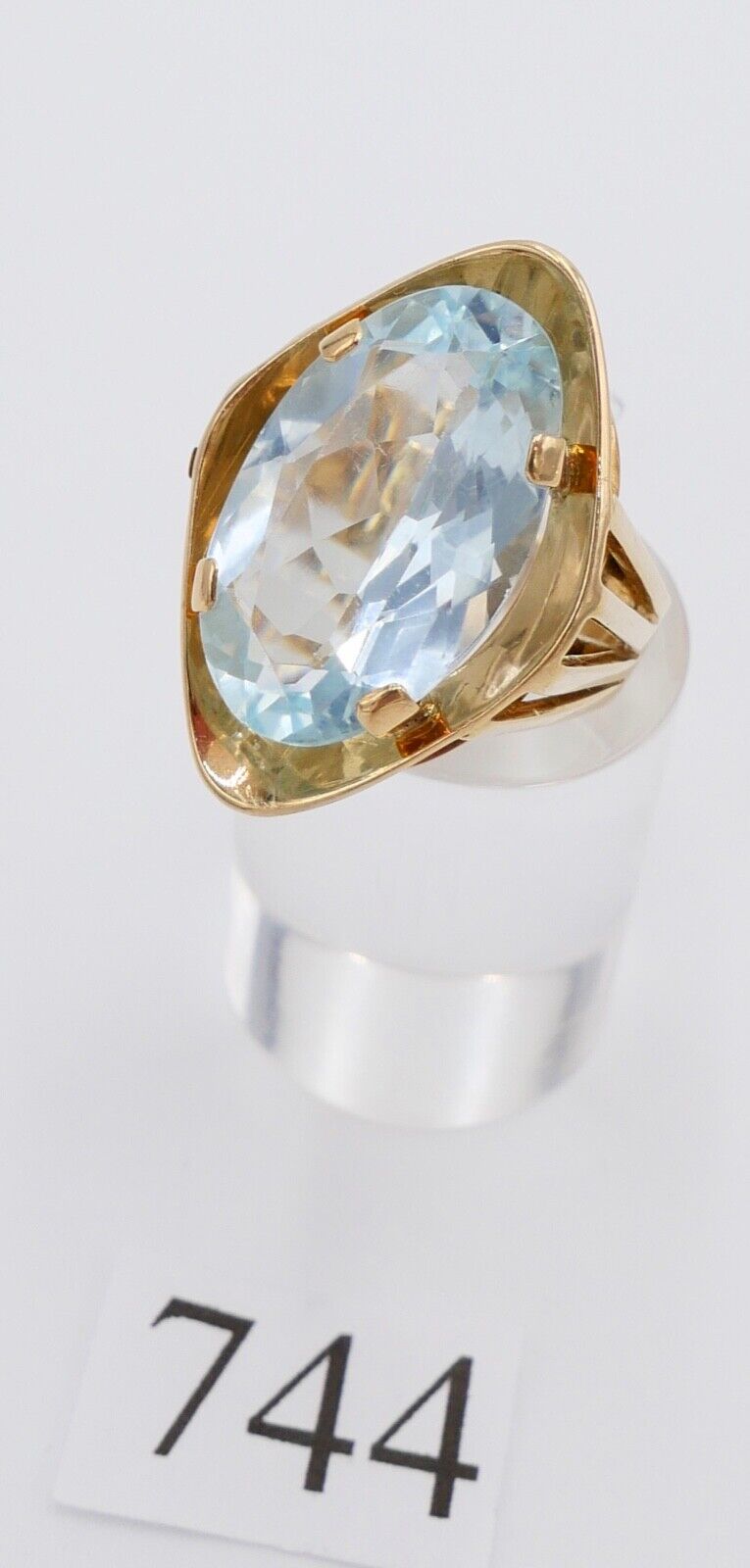 19,2 Ct Gelb Gold Damen Ring Navette Form Gr. 56 - 57 XXL blauer Stein 585 14K - Antikhandel-Stuttgart