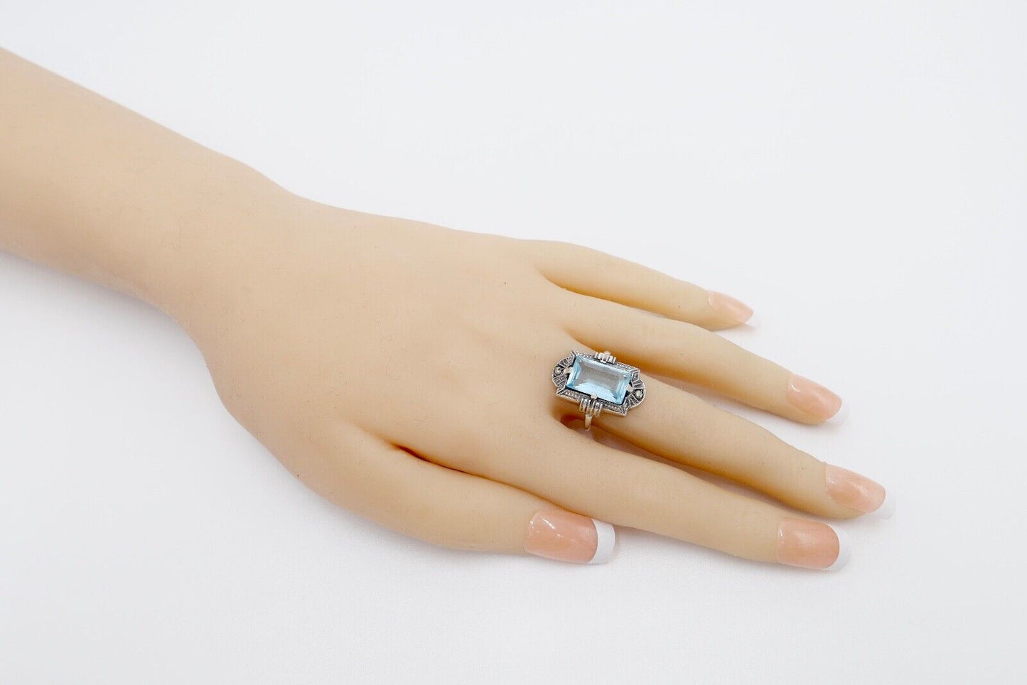 ART DECO Damenring Ring Silber 830 Gr. 53 mit Markasit blauer Glasstein - Antikhandel-Stuttgart