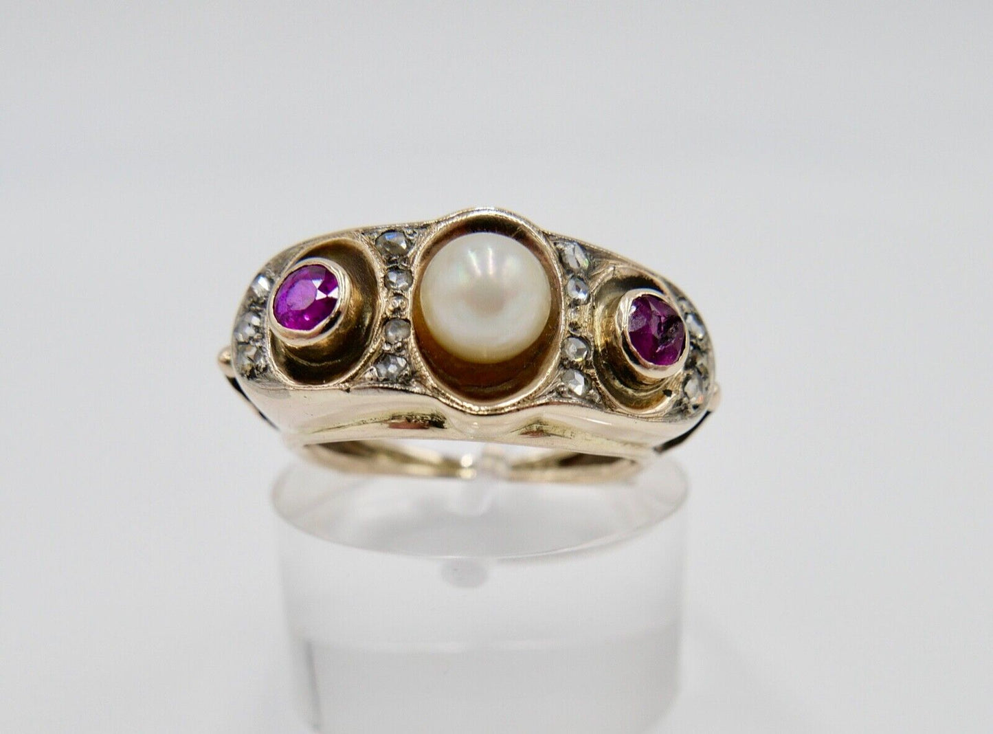 1930er Jahre Diamant Perlen Rubin Damen Gelbgold Ring 585 14K Gr.55 - Antikhandel-Stuttgart