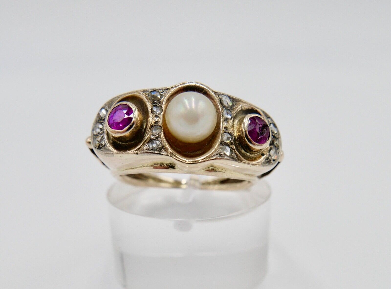 1930er Jahre Diamant Perlen Rubin Damen Gelbgold Ring 585 14K Gr.55 - Antikhandel-Stuttgart