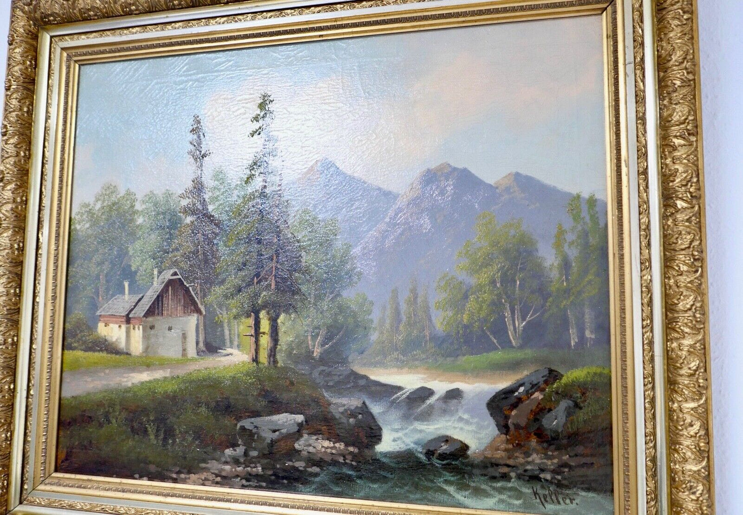 Gemälde Bach / Wald / Berg Landschaft Öl auf Leinwand Prunkrahmen 85x72cm KELLER - Antikhandel-Stuttgart