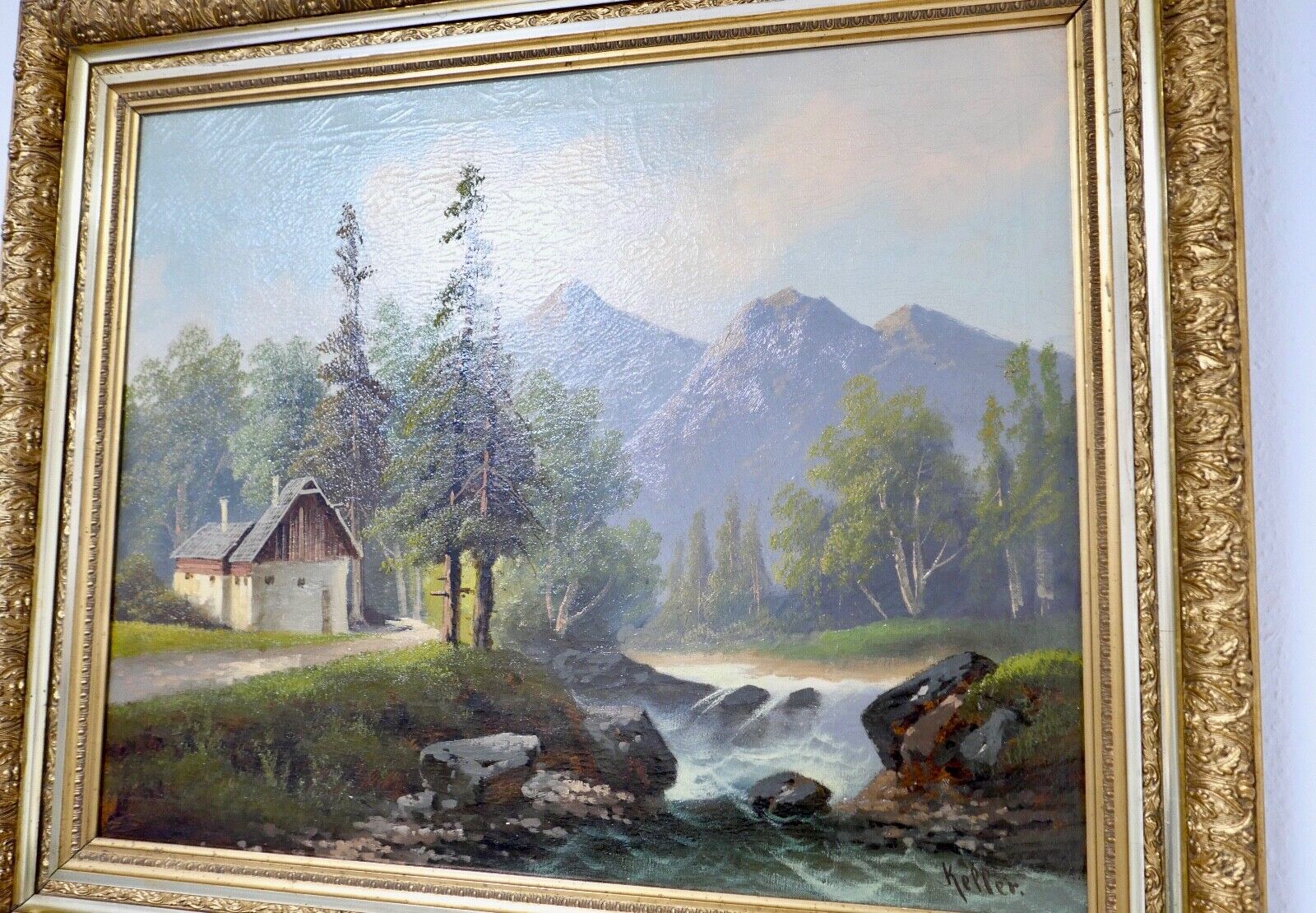 Gemälde Bach / Wald / Berg Landschaft Öl auf Leinwand Prunkrahmen 85x72cm KELLER - Antikhandel-Stuttgart