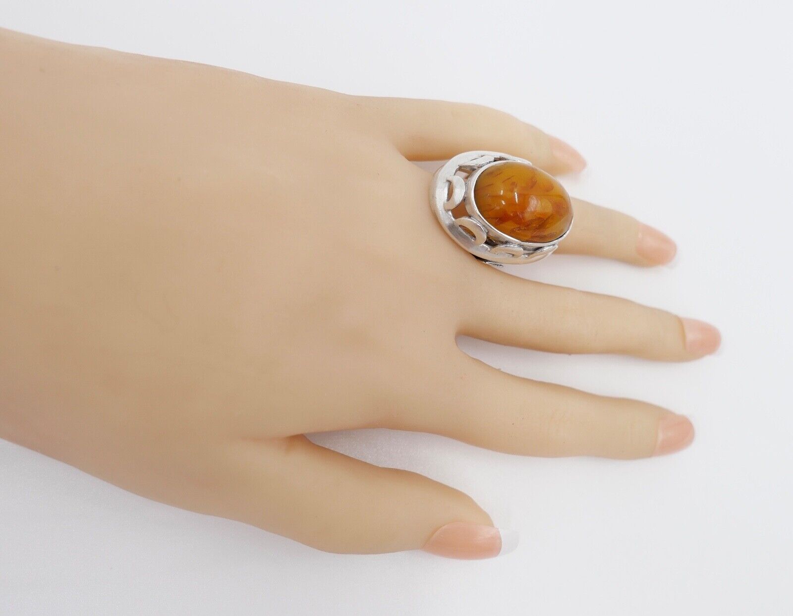 Großer auffälliger Bernstein Designer 835 Silber Ring Gr. 58 WWB 3 Frauenkopf - Antikhandel-Stuttgart