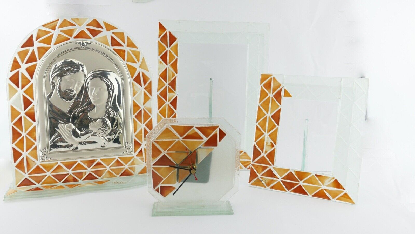 6 Teilges Wohnzimmer Set Glas Mosaik Bilderrahmen Uhr Jesus Schale aus Italien - Antikhandel-Stuttgart