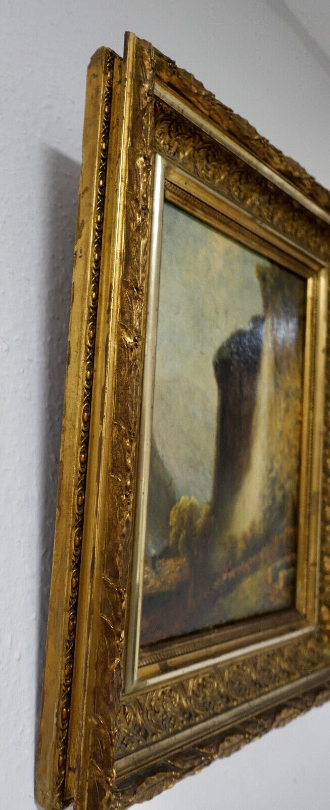 antikes Gemälde Berghütte Landschaft Öl Holz Prunkrahmen 51x42cm signiert R99 - Antikhandel-Stuttgart